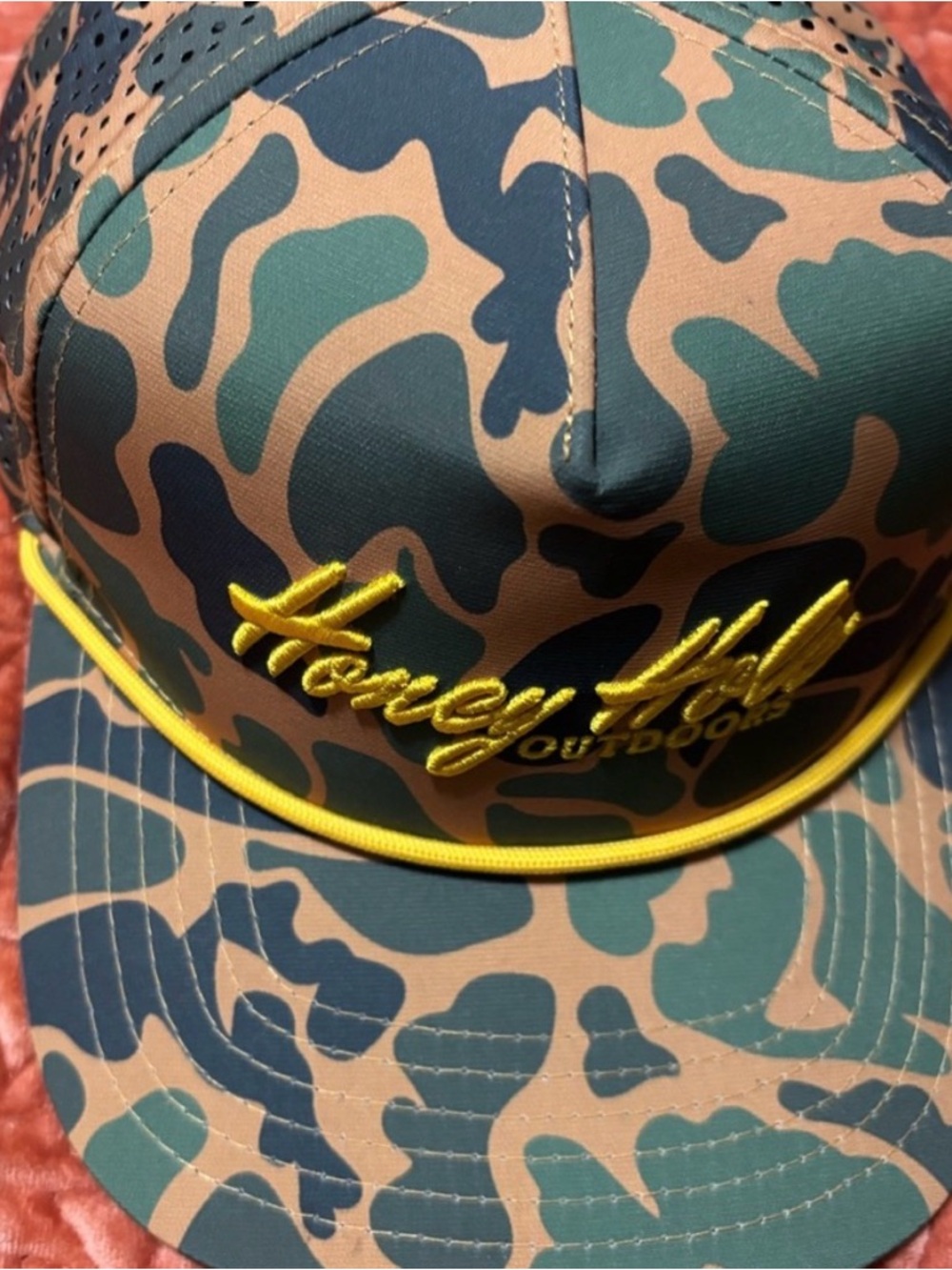 Honey Hole Outdoors Camo Trucker Hat in Green & Tan with Yellow Trim